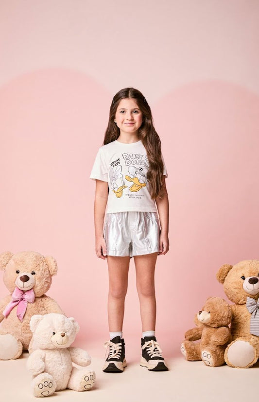 Conjunto infantil Blusa Daisy e Donald com Shorts Bengaline Metalizado - Momi