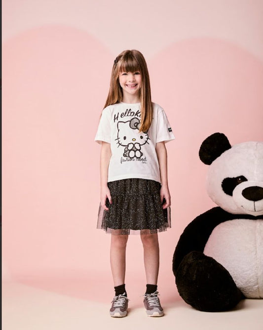 Conjunto Infantil Blusa Hello Kitty Strass com Saia Tule Glitter - Momi