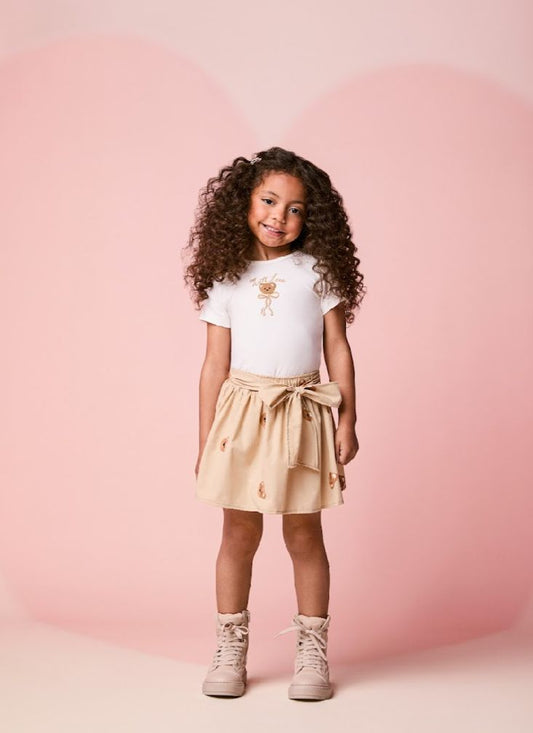 Conjunto Infantil Blusa Bordada e Saia Ursinhos Bordados - Momi