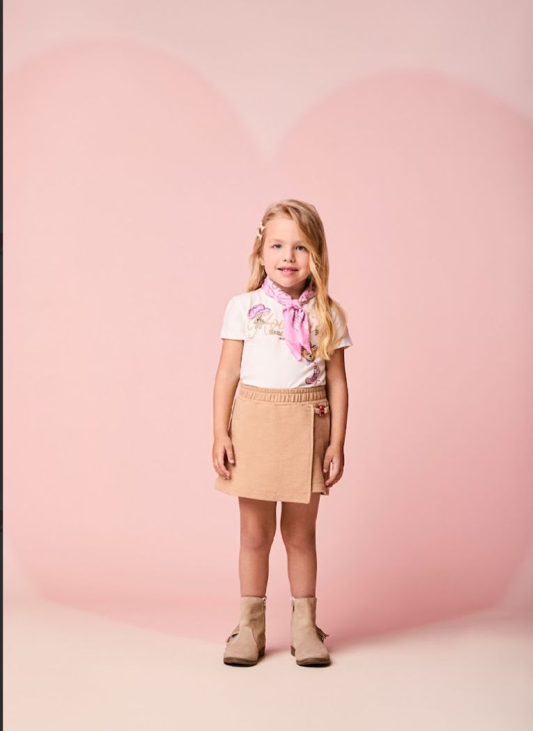 Conjunto Infantil Blusa de Ursinha Cowgirl e Shorts Moletom Bege - Momi