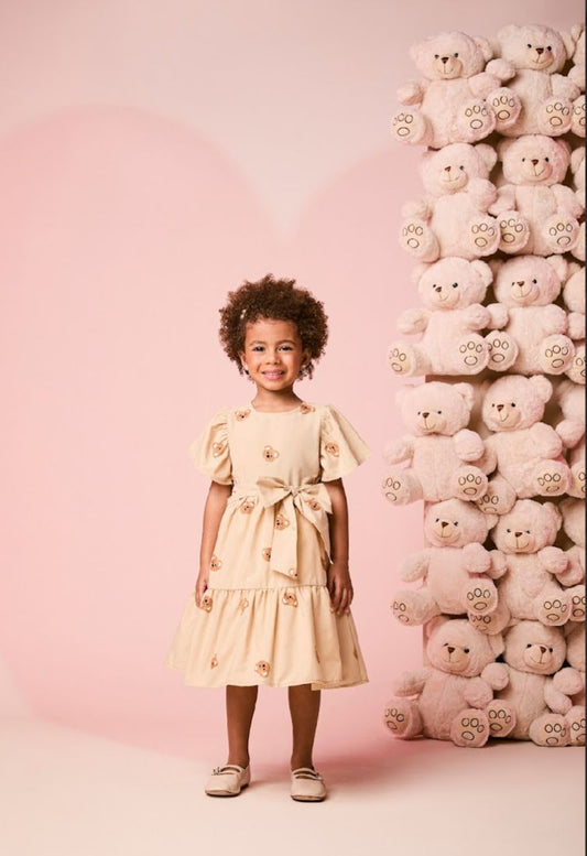 Vestido Infantil Ursinhos Bordados Amarração Laço - Momi