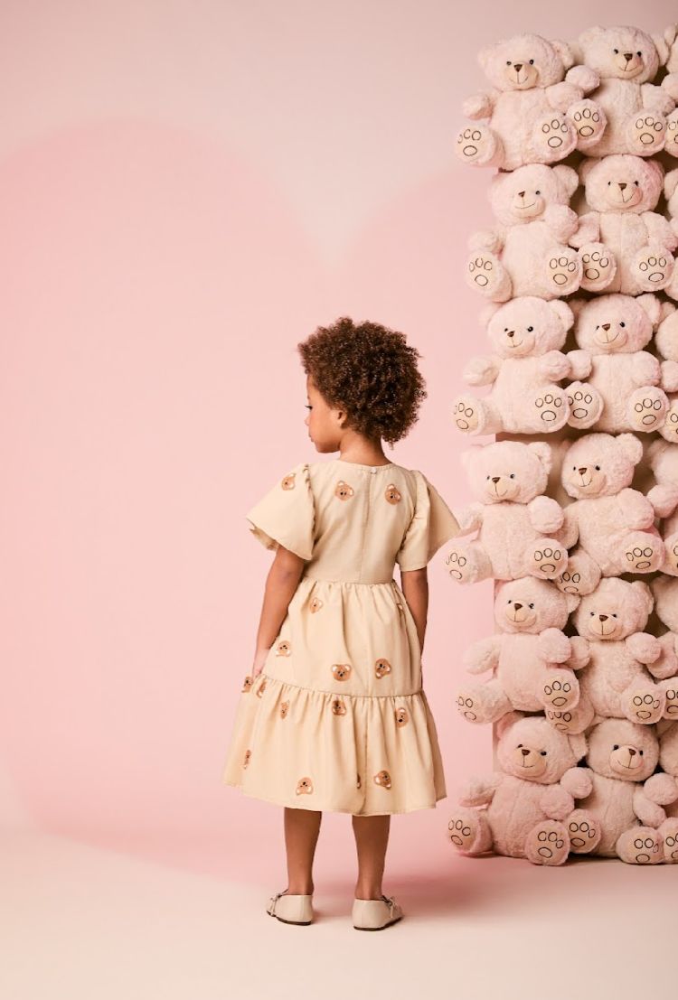 Vestido Infantil Ursinhos Bordados Amarração Laço - Momi
