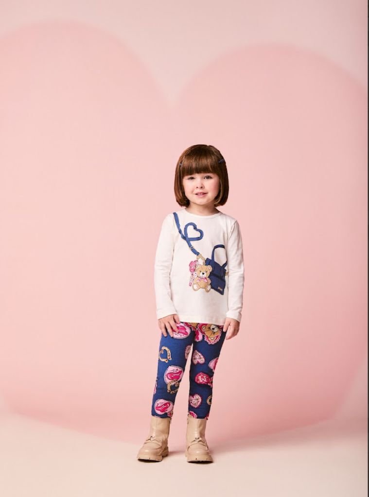 Conjunto Infantil Blusa Ursa Bolsa e Calça Legging Ursinhas Corações - Momi