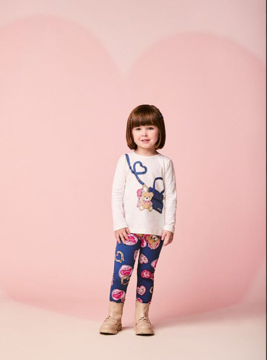 Conjunto Infantil Blusa Ursa Bolsa e Calça Legging Ursinhas Corações - Momi