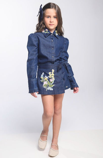 Conjunto Infantil Camisa Jeans Leve ML Gola Bordada Flores e Shorts-saia Jeans Bordada Flores - Luluzinha