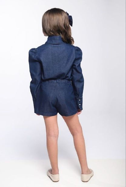 Conjunto Infantil Camisa Jeans Leve ML Gola Bordada Flores e Shorts-saia Jeans Bordada Flores - Luluzinha