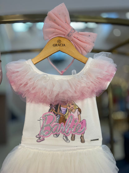 Conjunto Blusa Ombro a Ombro Tule & Saia Babados Tule Rosa - Barbie by Pituchinhus