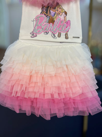 Conjunto Blusa Ombro a Ombro Tule & Saia Babados Tule Rosa - Barbie by Pituchinhus