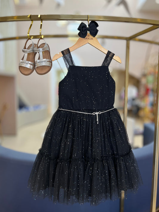 Vestido Infantil Clássico Tule Preto com Cinto Strass - Petit Cherie