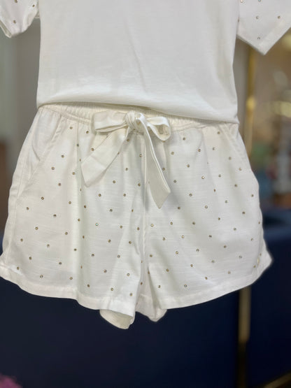 Conjunto Teen T-Shirt Cropped de Algodão com Strass & Shorts de Sarja de Algodão com Liocel e Strass - Two In