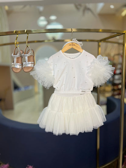 Blusa Infantil de Algodão com Babados de Tule Pérolas e Cristais - Pituchinhus