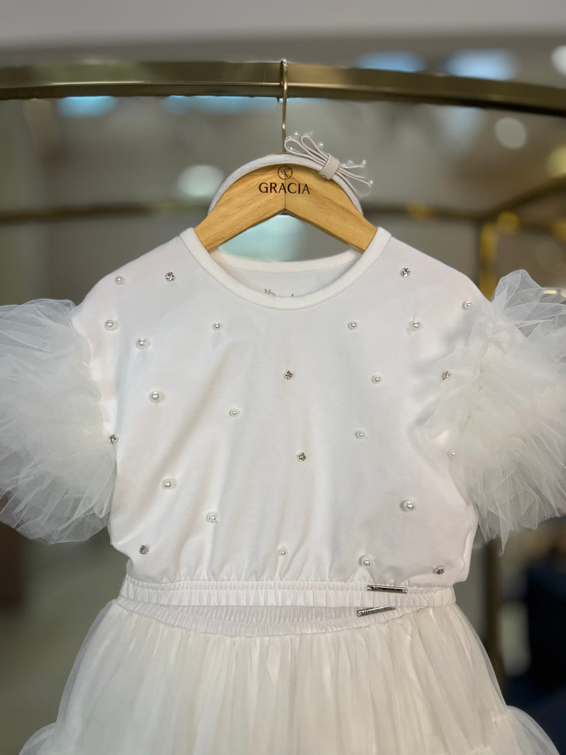 Blusa Infantil de Algodão com Babados de Tule Pérolas e Cristais - Pituchinhus