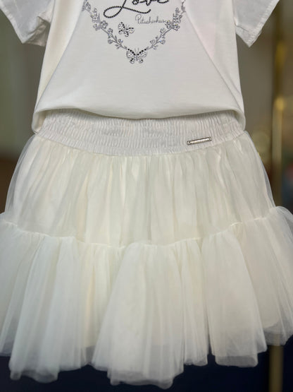 Conjunto Infantil Blusa Coração e Saia-shorts de Tule - Pituchinhus