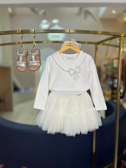 Blusa Infantil de Algodão Colar Laço de Pérolas e Cristais - Pituchinhus