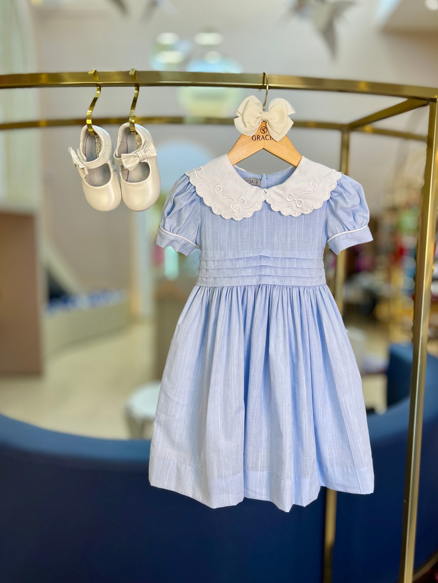 Vestido Infantil Glória Cambraia Orgânica Azul -  Gracia PRÉ-VENDA