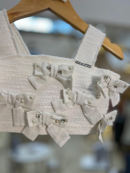 Blusa Cropped Bouclé Multi-Laços Bordados - Gracia