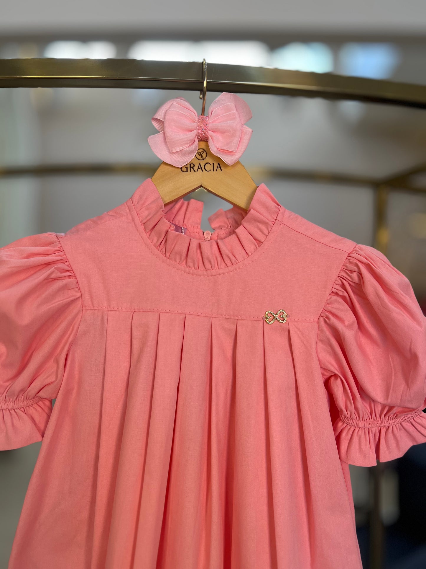 Vestido Infantil Manga Bufante Rosa - Luluzinha