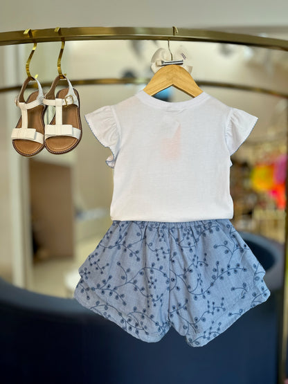 Conjunto Infantil Camiseta de Algodão Estampa e Short em Laise - Um Mais Um