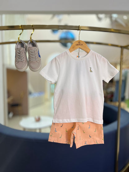 Conjunto Infantil Camiseta Dino e Bermuda Oxford Peach - Beabá
