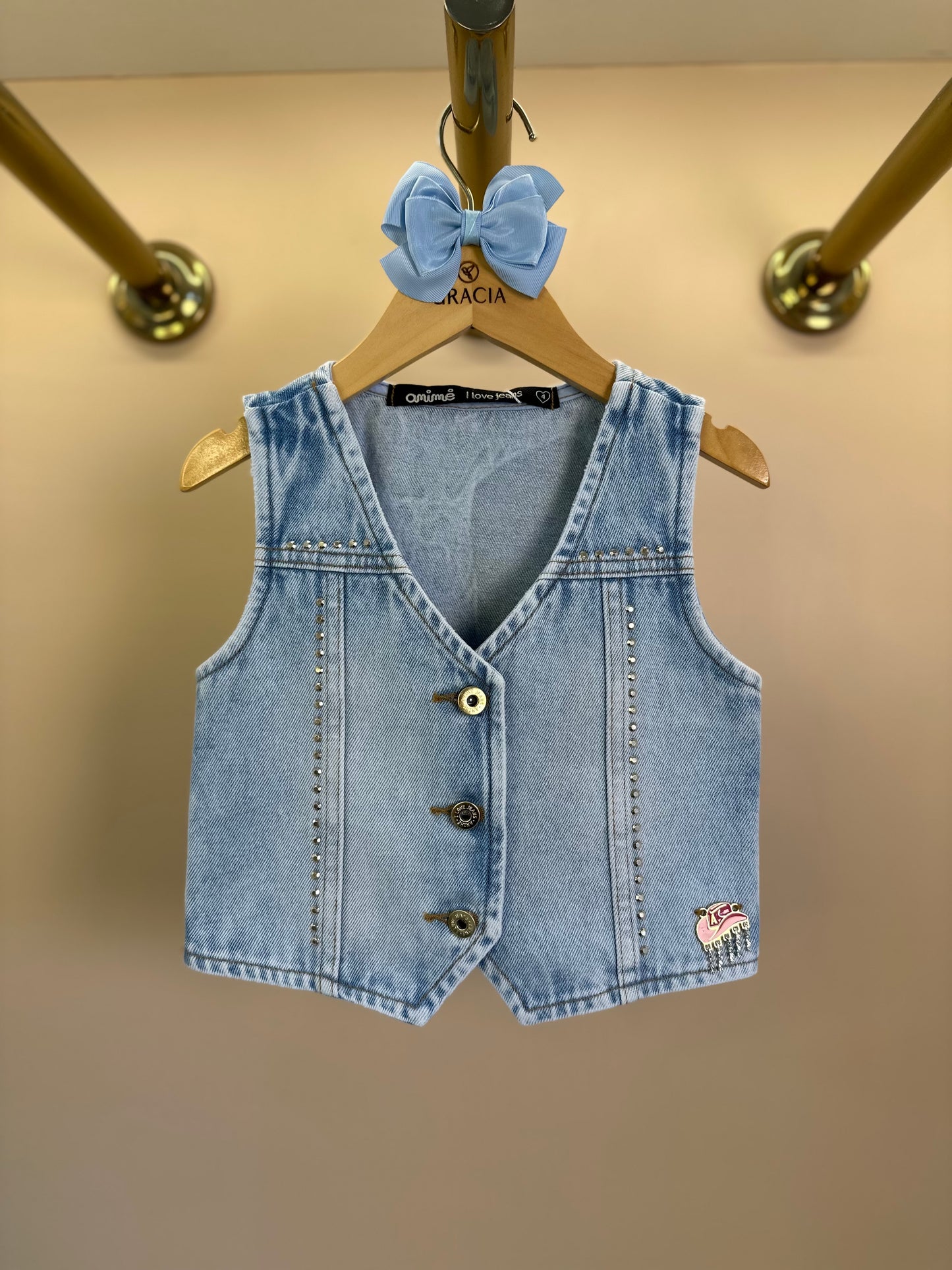 Conjunto Infantil Jeans Blusa Country, Colete Bota e Saia Balonê - Animê