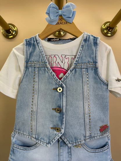 Conjunto Infantil Jeans Blusa Country, Colete Bota e Saia Balonê - Animê