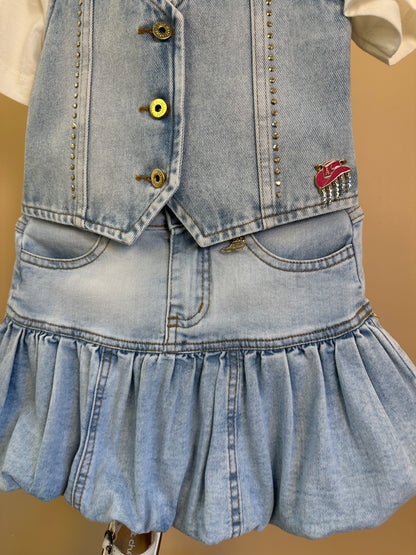Conjunto Infantil Jeans Blusa Country, Colete Bota e Saia Balonê - Animê
