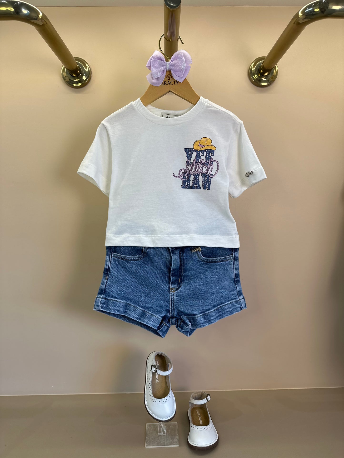 Conjunto Infantil Blusa Stitch Howdy e Shorts Jeans Pingente - Animê