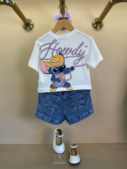 Conjunto Infantil Blusa Stitch Howdy e Shorts Jeans Pingente - Animê