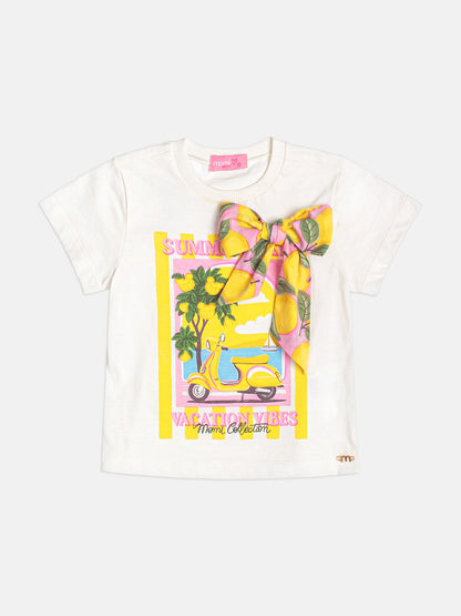 Conjunto Infantil Blusa Estampada Laço Lateral e Shorts Infantil Sarja Com Cinto Butter Cream - Momi