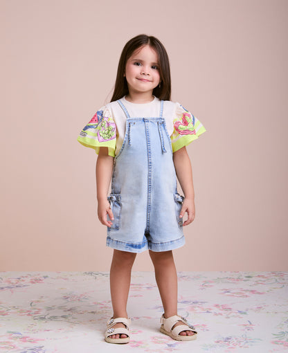 Jardineira Infantil Jeans Claro com Blusa Mangas Frutas - Animê