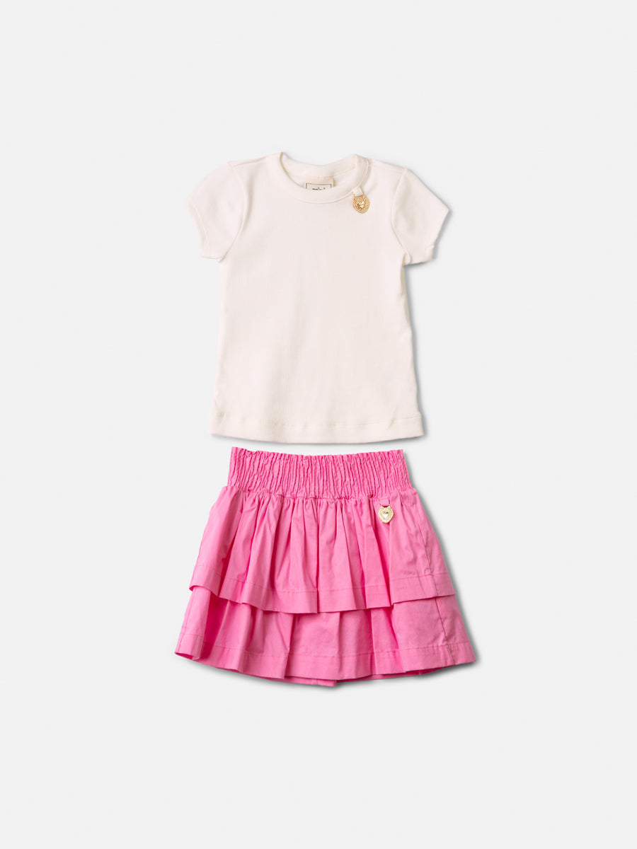 Conjunto Infantil Blusa Off Joia Coração e Saia Babado Rosa - Animê
