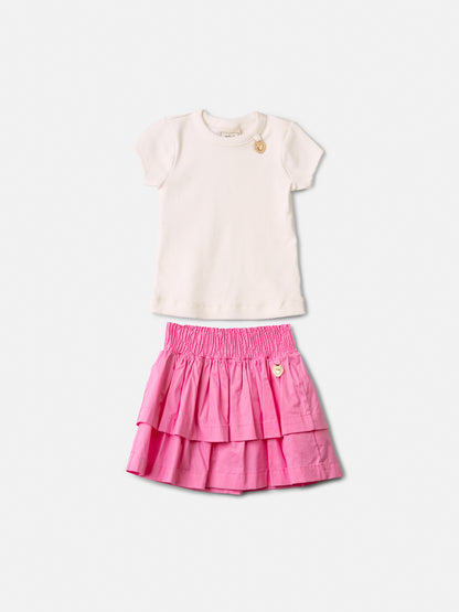 Conjunto Infantil Blusa Off Joia Coração e Saia Babado Rosa - Animê