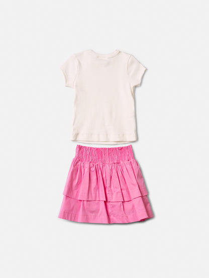 Conjunto Infantil Blusa Off Joia Coração e Saia Babado Rosa - Animê