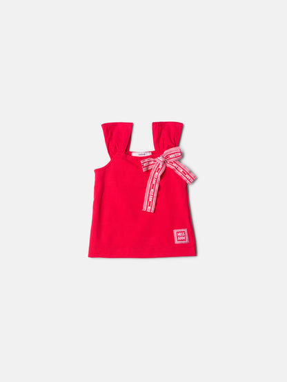 Conjunto Infantil Blusa Vermelha Laço ANM e Shorts Bege Pregas - Animê