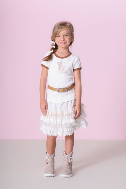 Conjunto Infantil Blusa Ursinha, Botinha e Chapéu e Saia Mix Babados - Pituchinhus