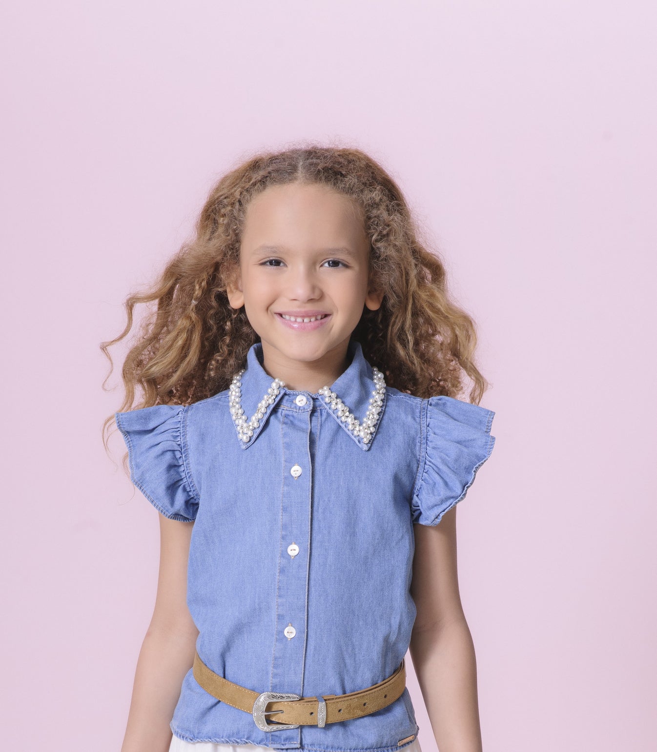 Camisa Infantil Jeans Gola Bordada Pérolas e Cristais - Pituchinhus