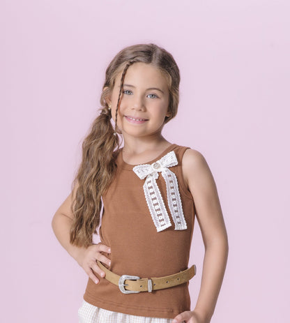 Regata Infantil Laço de Renda Marrom - Pituchinhus
