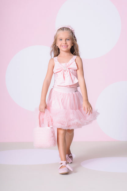 Conjunto Infantil Blusa Cropped Maxi Laço Bordado e Saia-shorts Babado Frufru Tule Rosa Baby - Pituchinhus