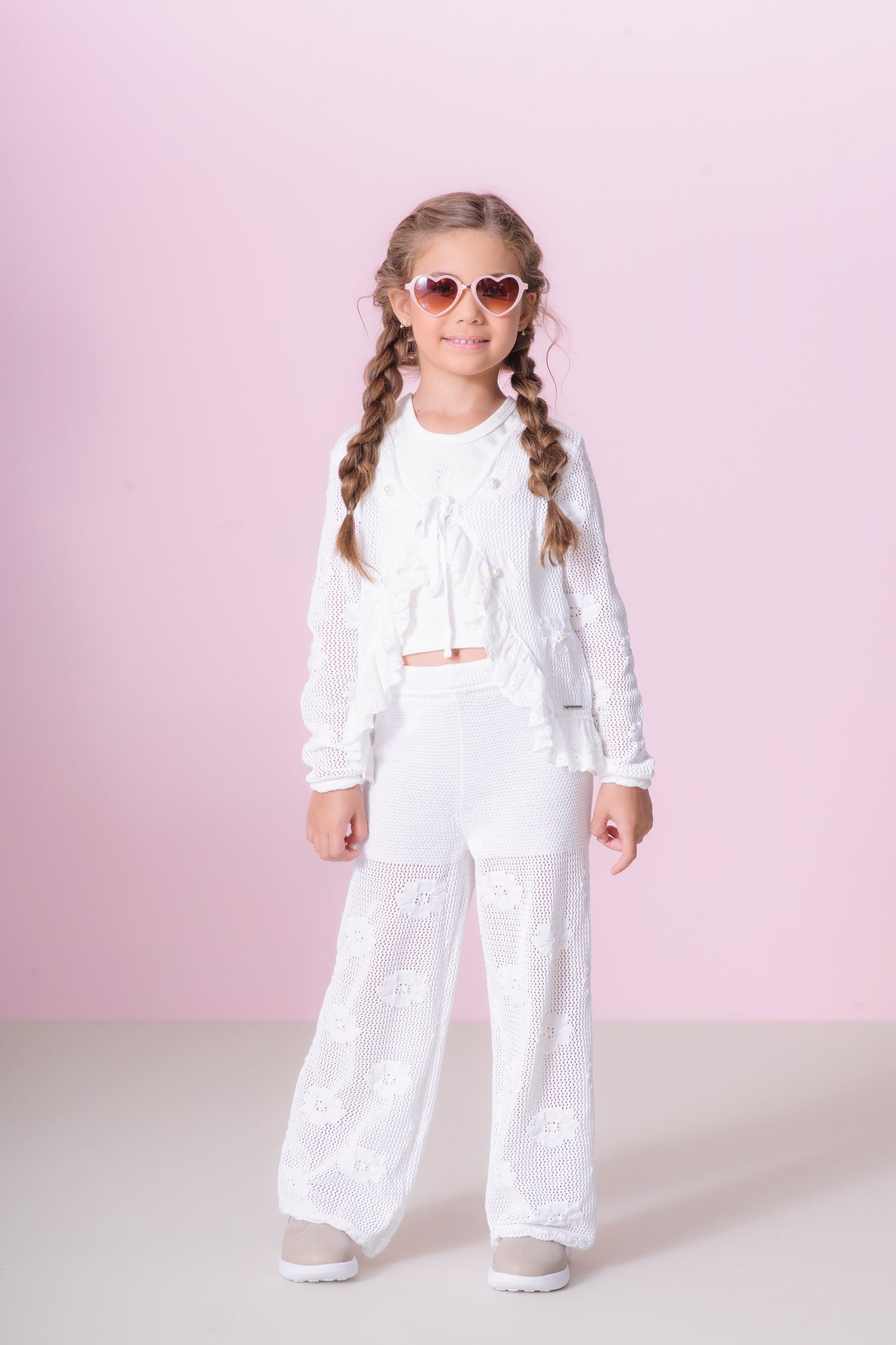 Conjunto Infantil Casaqueto e Calça Tricot Ponto Rendado Flores - Pituchinhus