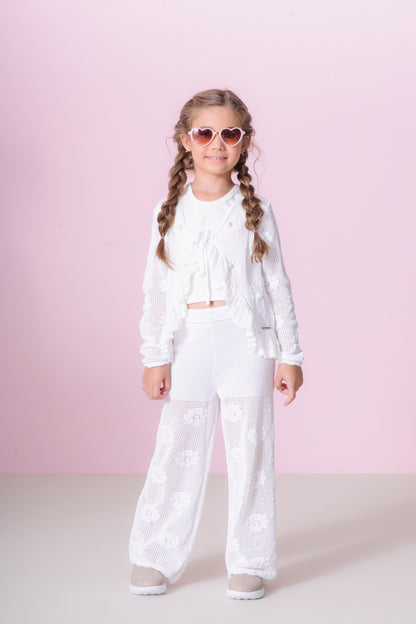 Conjunto Infantil Casaqueto e Calça Tricot Ponto Rendado Flores - Pituchinhus