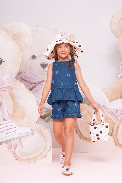 Conjunto Infantil Blusa Jeans Lacinhos Bordados e Shorts  Jeans Lacinhos Bordados - Pituchinhus