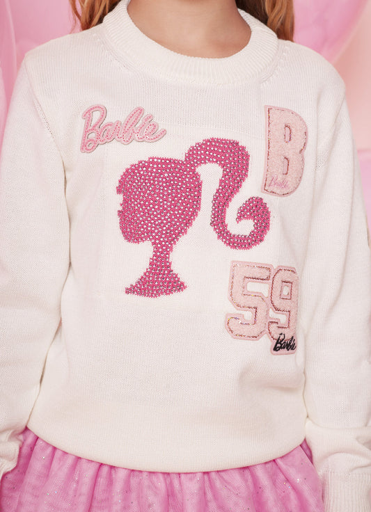 Conjunto Infantil Blusa Tricot Silhouette Barbie e Saia Sarja Pregas Patche Barbie Rosa Romântico - Pituchinhus PRÉ-VENDA
