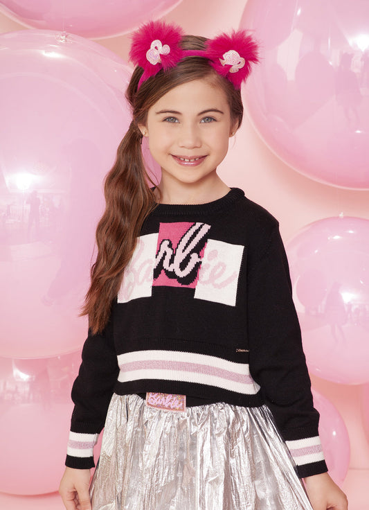 Conjunto Infantil Blusa Tricot Barbie Color Preta e Saia Prata Patche Barbie - Pituchinhus PRÉ-VENDA