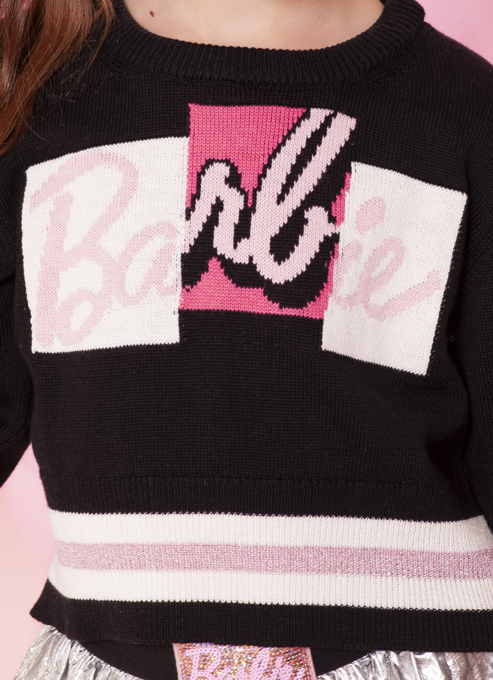 Conjunto Infantil Blusa Tricot Barbie Color Preta e Saia Prata Patche Barbie - Pituchinhus
