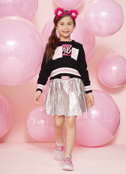 Conjunto Infantil Blusa Tricot Barbie Color Preta e Saia Prata Patche Barbie - Pituchinhus