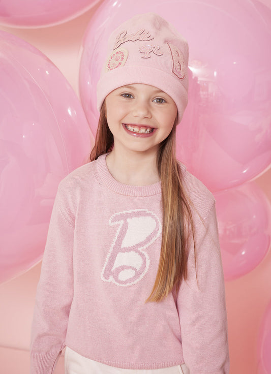 Conjunto Infantil Tricot Blusa Barbie Strass e Saia Jacquard Barbie Patches Sugar Rose - Pituchinhus PRÉ-VENDA