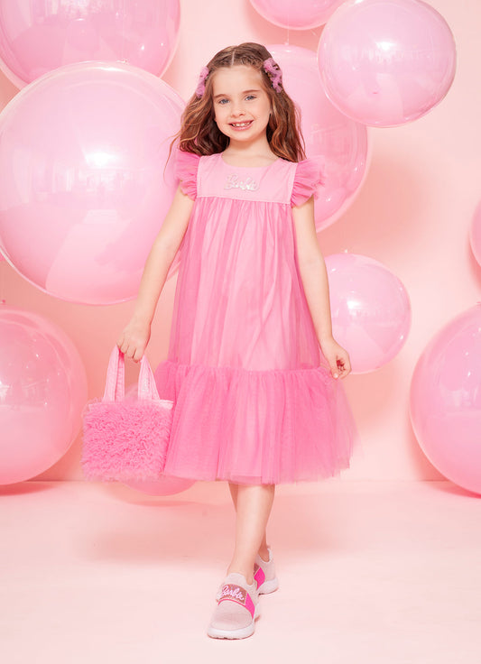 Vestido Infantil Tule Patche Barbie Rosa Ópera - Pituchinhus PRÉ-VENDA