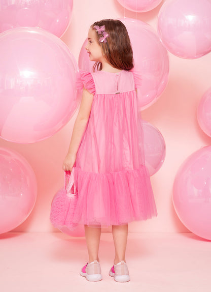 Vestido Infantil Tule Patche Barbie Rosa Ópera - Pituchinhus