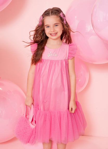 Vestido Infantil Tule Patche Barbie Rosa Ópera - Pituchinhus
