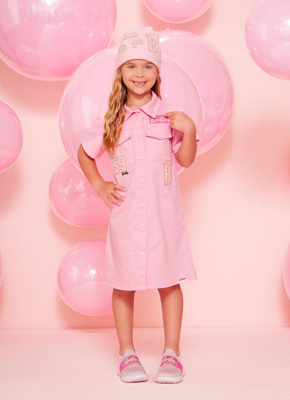Vestido Infantil Sarja Bolsos Patches Barbie Rosa Romântico - Pituchinhus